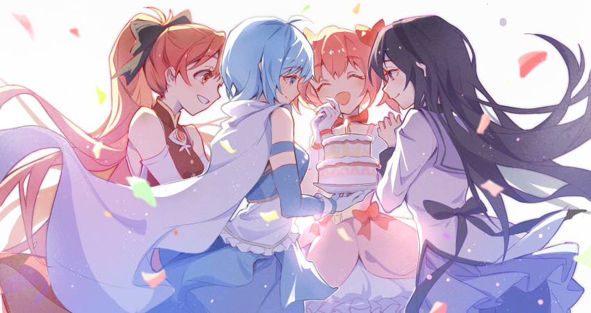 4girls absurdres akemi_homura back_bow black_bow black_hair blue_dress blue_eyes blue_hair blue_sleeves bow cake candle cape closed_eyes cloudyman commentary_request confetti cowboy_shot detached_sleeves dress food gloves grin hair_bow hand_up highres holding holding_plate kaname_madoka long_sleeves magical_girl mahou_shoujo_madoka_magica miki_sayaka multiple_girls open_mouth pink_dress pink_hair plate ponytail purple_skirt red_bow red_dress red_eyes red_hair sakura_kyoko shirt short_hair simple_background skirt smile soul_gem white_background white_cape white_gloves white_shirt