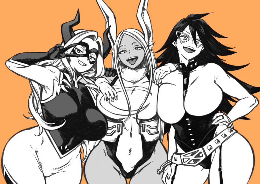 3girls :d absurdres animal_ears black_hair bodysuit boku_no_hero_academia breast_press breasts covered_navel crescent_print cuffs curvy dark-skinned_female dark_skin domino_mask elbow_gloves fur_collar gloves greyscale_with_colored_background hair_between_eyes hand_on_another's_shoulder hand_on_own_hip handcuffs highleg highleg_leotard highres horns kyuugata large_breasts leotard long_eyelashes long_hair looking_at_viewer mask midnight_(boku_no_hero_academia) mirko mount_lady multiple_girls orange_background parted_bangs rabbit_ears rabbit_girl side-by-side smile taut_leotard thigh_gap tongue tongue_out v_over_eye white_hair wide_hips