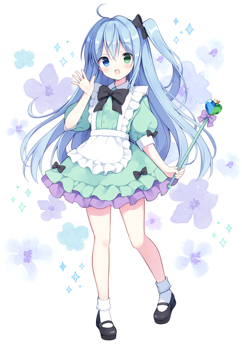 1girl :d ahoge apron black_bow black_footwear blue_eyes blue_hair blush bobby_socks bow collared_dress commentary_request commission crown dress floral_background flower frilled_apron frills full_body green_dress green_eyes hair_between_eyes hair_bow hair_intakes heart heterochromia highres holding izuminanase long_hair looking_at_viewer mini_crown one_side_up original pixiv_commission puffy_short_sleeves puffy_sleeves purple_bow purple_flower shoes short_sleeves smile socks solo sparkle standing standing_on_one_leg very_long_hair white_apron white_socks