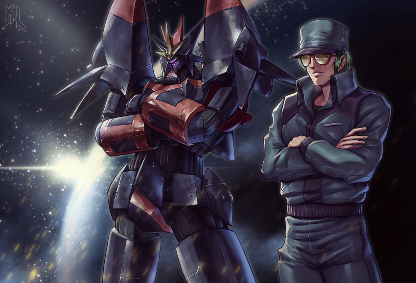 1980s_(style) 1boy artist_logo black_headwear black_jacket black_pants closed_mouth commentary cowboy_shot crossed_arms english_commentary green_hair gunbuster gunbuster_pose highres jacket mecha one-eyed oota_kouichirou pants porukima purple_eyes retro_artstyle robot science_fiction space star_(sky) sun sunglasses tinted_eyewear top_wo_nerae! yellow-tinted_eyewear