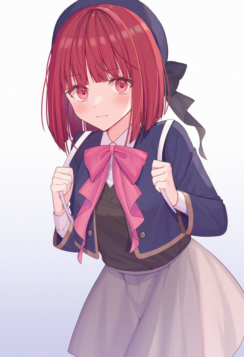 1girl arima_kana bag beret black_sweater_vest blue_headwear blue_vest blush bob_cut closed_mouth grey_skirt hat hat_ribbon highres inverted_bob izumo_neru looking_at_viewer oshi_no_ko pink_ribbon red_eyes red_hair ribbon school_bag school_uniform short_hair simple_background skirt solo sweater_vest vest white_background youtou_high_school_uniform