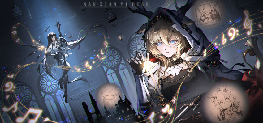 2girls animal_ears antlers arknights bass_clef beamed_eighth_notes black_hair black_shirt black_thighhighs black_wings blonde_hair blue_eyes candle candlestand cape cathedral dark_halo deer_antlers deer_ears deer_girl detached_wings eighth_note energy_wings fire floating gauntlets hair_between_eyes hair_ornament halo hand_up highres indoors jug_(bottle) knife long_hair multiple_girls musical_note nanxianyiduan night parted_lips picture_(object) picture_frame shirt sixteenth_note spotlight staff_(music) thighhighs very_long_hair virtuosa_(arknights) viviana_(arknights) white_cape white_shirt window wings x_hair_ornament
