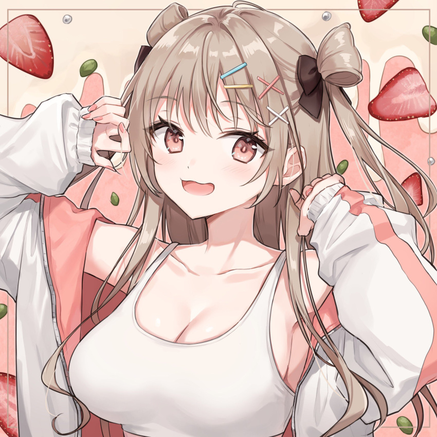 1girl blush breasts brown_hair cleavage collarbone crop_top eyelashes food fruit hair_ornament hair_ribbon hairclip highres jacket large_breasts long_hair long_sleeves looking_at_viewer murata_konomin nail_polish open_clothes open_jacket open_mouth original pink_eyes pink_nails ribbon sleeves_past_wrists solo sports_bra strawberry two_side_up upper_body white_sports_bra x_hair_ornament