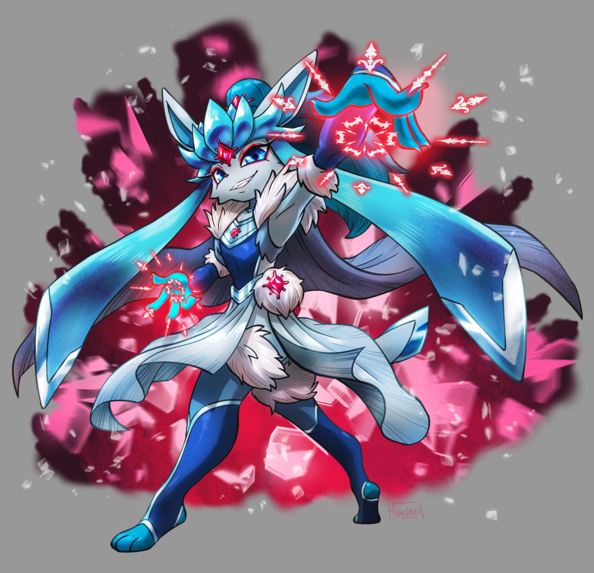 absurd_res anthro biped blue_eyes claws clothed clothing eeveelution fingers generation_4_pokemon glaceon haychel hi_res magic magic_user nintendo pokemon pokemon_(species) smile solo tail