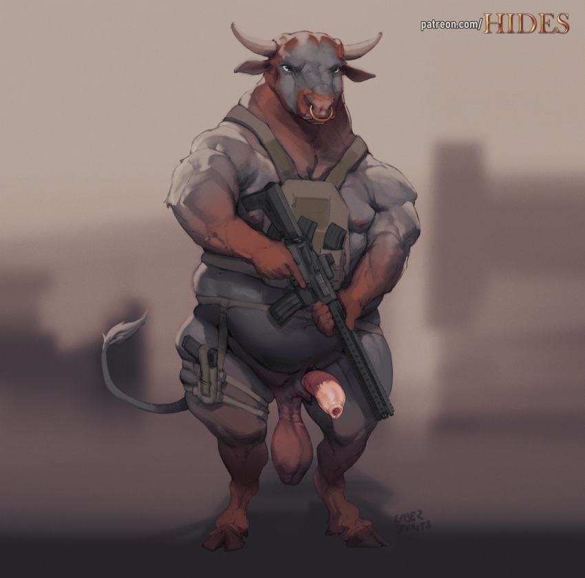 animal_genitalia anthro balls big_balls blurred_background bovid bovine brown_body brown_fur cattle facial_piercing foreskin front_view full-length_portrait fur genitals grey_body grey_fur gun hi_res holding_gun holding_object holding_weapon humanoid_genitalia humanoid_penis hybrid_genitalia hybrid_penis laser_(artist) long_foreskin male mammal mouth_closed muscular muscular_anthro muscular_male nose_piercing nose_ring overweight overweight_anthro overweight_male penis piercing portrait ranged_weapon ring_piercing saggy_balls septum_piercing septum_ring sheath sheathed_humanoid_penis signature solo standing text url weapon