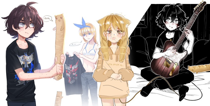 3girls :o absurdres ahoge animal_ears black_hair black_shirt blind_girl_(popopoka) blonde_girl_(popopoka) blue_eyes bra cat_baguette_(popopoka) character_print collarbone crossed_bangs crying dog_ears dog_girl english_text flat_chest freckles frown hair_between_eyes highres holding hood hoodie looking_at_another multiple_girls original playing_guitar popopoka pout shirt short_hair short_sleeves sitting speech_bubble underwear white_bra