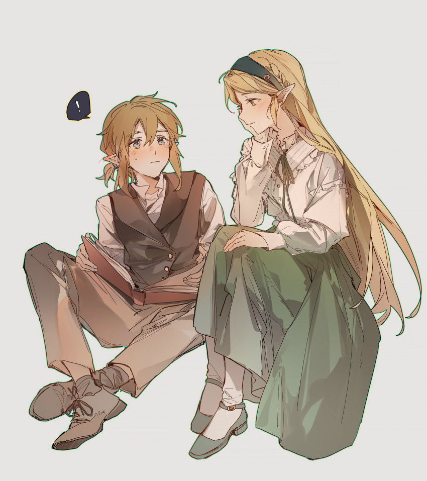 1boy 1girl absurdres blonde_hair blouse blush book brown_hair crossed_legs dress hair_between_eyes hairband highres holding holding_book link long_hair looking_at_another pointy_ears princess_zelda purple_eyes shirt short_hair simple_background sitting smile the_legend_of_zelda the_legend_of_zelda:_tears_of_the_kingdom white_shirt yuno_11_02