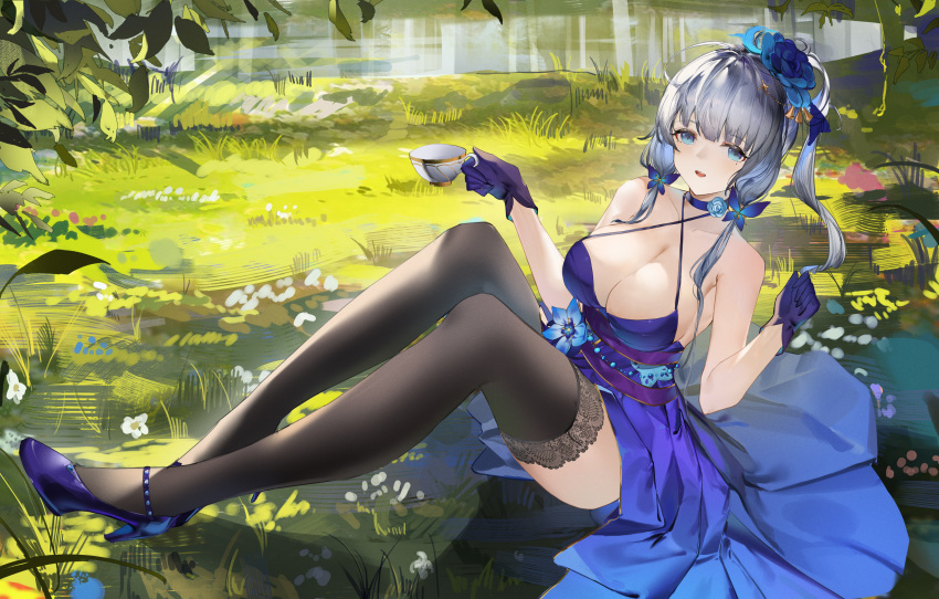 1girl absurdres ahoge azur_lane bare_shoulders black_thighhighs blue_dress blue_eyes blue_footwear blue_gloves breasts butterfly_hair_ornament cleavage cup dress flantia flower full_body gloves grass grey_hair hair_ornament hands_up high_heels highres holding holding_cup illustrious_(azur_lane) illustrious_(never-ending_tea_party)_(azur_lane) knees_up lace-trimmed_thighhighs lace_trim lake large_breasts leaf long_hair looking_at_viewer mole mole_under_eye official_alternate_costume on_grass outdoors parted_lips sitting smile solo teacup thighhighs tri_tails white_flower