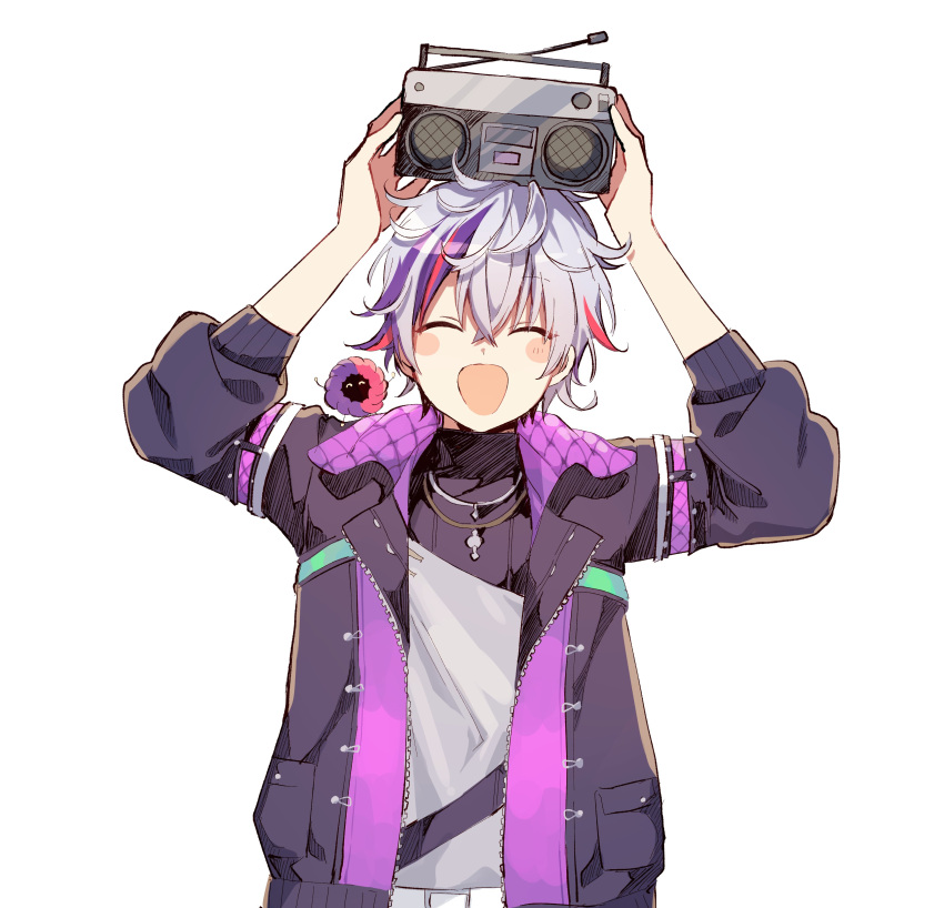 1boy :d ^_^ absurdres arms_up black_jacket blush_stickers closed_eyes facing_viewer fuwa_minato grey_hair hair_between_eyes highres holding jacket long_sleeves male_focus multicolored_hair nijisanji open_clothes open_jacket puffy_long_sleeves puffy_sleeves purple_hair red_hair shirt simple_background smile sofra solo stereo streaked_hair upper_body virtual_youtuber white_background white_shirt