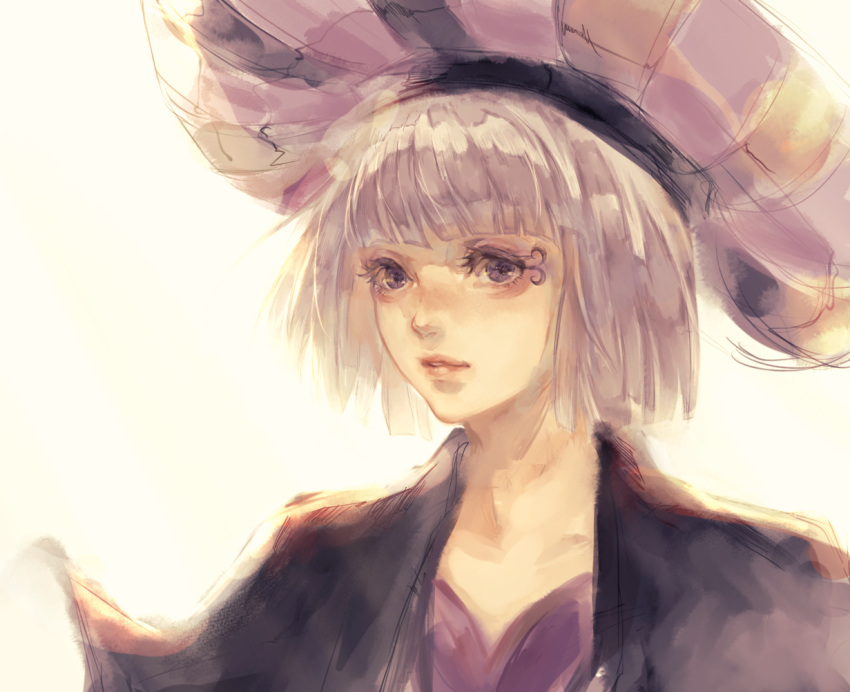 1girl blunt_bangs disneyland grey_hair hat ho_(pixiv_rxnx3444) looking_at_viewer makeup purple_headwear recruiters_(disney) short_hair simple_background solo upper_body veil_(disney)