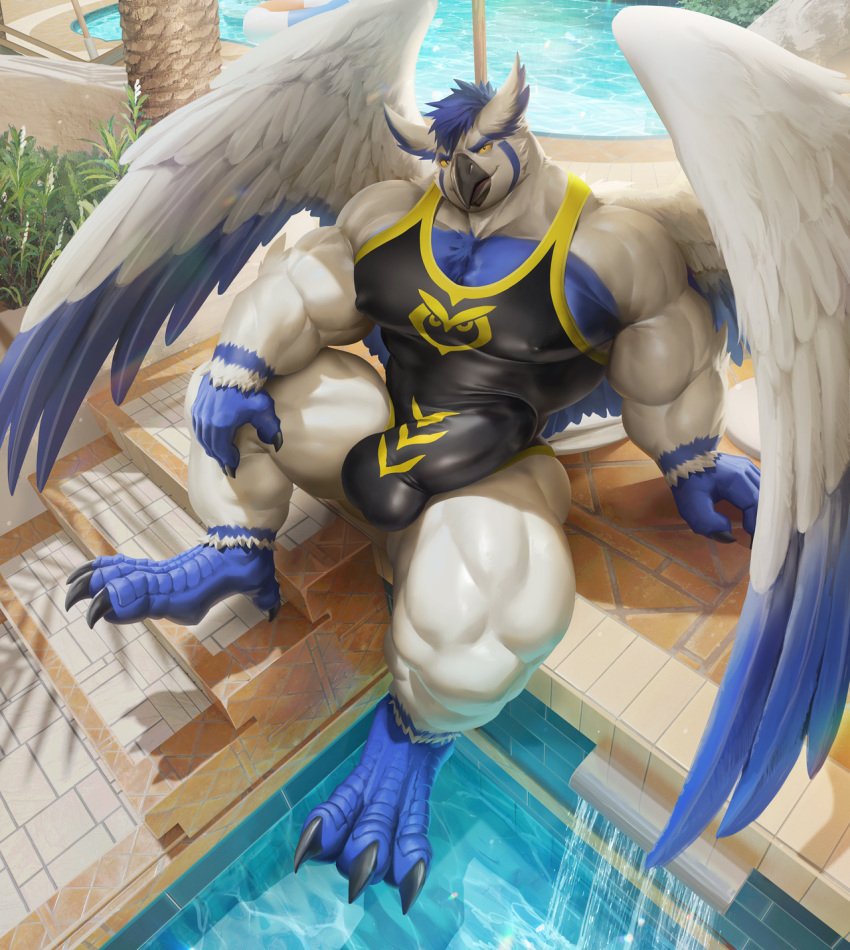 2021 abs anthro avian balls biceps bird blue_body blue_feathers blue_hair blue_talons bulge claws clothing day erection feathers finger_claws genitals hair hi_res humanoid_genitalia humanoid_penis male muscular_thighs nipple_outline obliques outside owl palm_tree pecs penis plant pool quads shirt solo sova speedo steps swimwear takahirosi talons tank_top toe_claws topwear tree water white_body white_feathers wings yellow_sclera