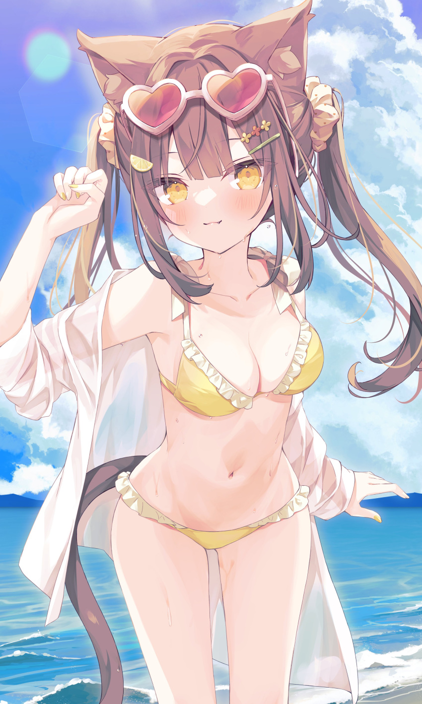 1girl absurdres animal_ear_fluff animal_ears arm_up bikini bikini_under_clothes blue_sky breasts brown_hair cat_ears cat_girl cat_tail cleavage closed_mouth cloud cloudy_sky collarbone commentary_request day eyewear_on_head frilled_bikini frills hair_ornament hair_scrunchie heart heart-shaped_eyewear highres hoshi_(snacherubi) long_hair long_sleeves looking_at_viewer medium_breasts nail_polish navel open_clothes open_shirt original outdoors red-tinted_eyewear scrunchie shirt sky sleeves_past_wrists smile solo sunglasses swimsuit tail tinted_eyewear twintails water white-framed_eyewear white_scrunchie white_shirt yellow_bikini yellow_eyes yellow_nails