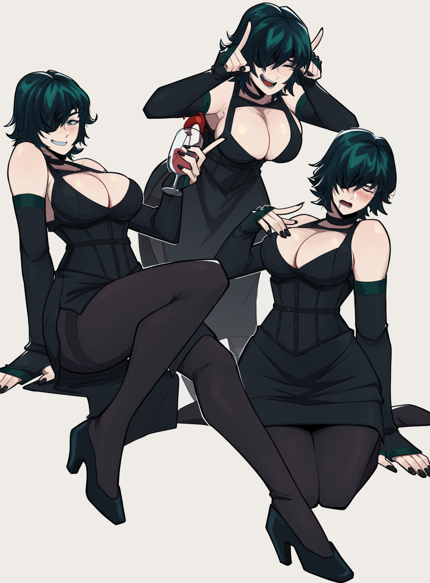 1girl absurdres aneurysm_ax bare_shoulders black_dress black_footwear black_nails black_pantyhose blush breasts chainsaw_man cleavage cup dress drinking_glass eyepatch green_eyes green_hair high_heels highres himeno_(chainsaw_man) large_breasts multiple_views nail_polish pantyhose short_hair simple_background smile teeth wine_glass