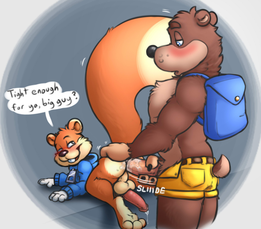 2023 anal anal_penetration anthro anthro_on_anthro anthro_penetrated anthro_penetrating anthro_penetrating_anthro backpack bear blue_backpack blue_clothing blue_eyes blue_topwear blush bodily_fluids bottomless bottomwear brown_body brown_ears brown_fur buckteeth butt clothed clothing dialogue emenius english_text erection fingers fur genital_fluids genitals hand_on_penis hi_res holding_penis looking_down male male/male male_penetrated male_penetrating male_penetrating_male mammal open_shorts orange_body orange_fur orange_tail penetration penile penile_penetration penis penis_in_ass precum rodent sciurid sex shorts tail teeth text topwear tree_squirrel yellow_bottomwear yellow_clothing yellow_shorts