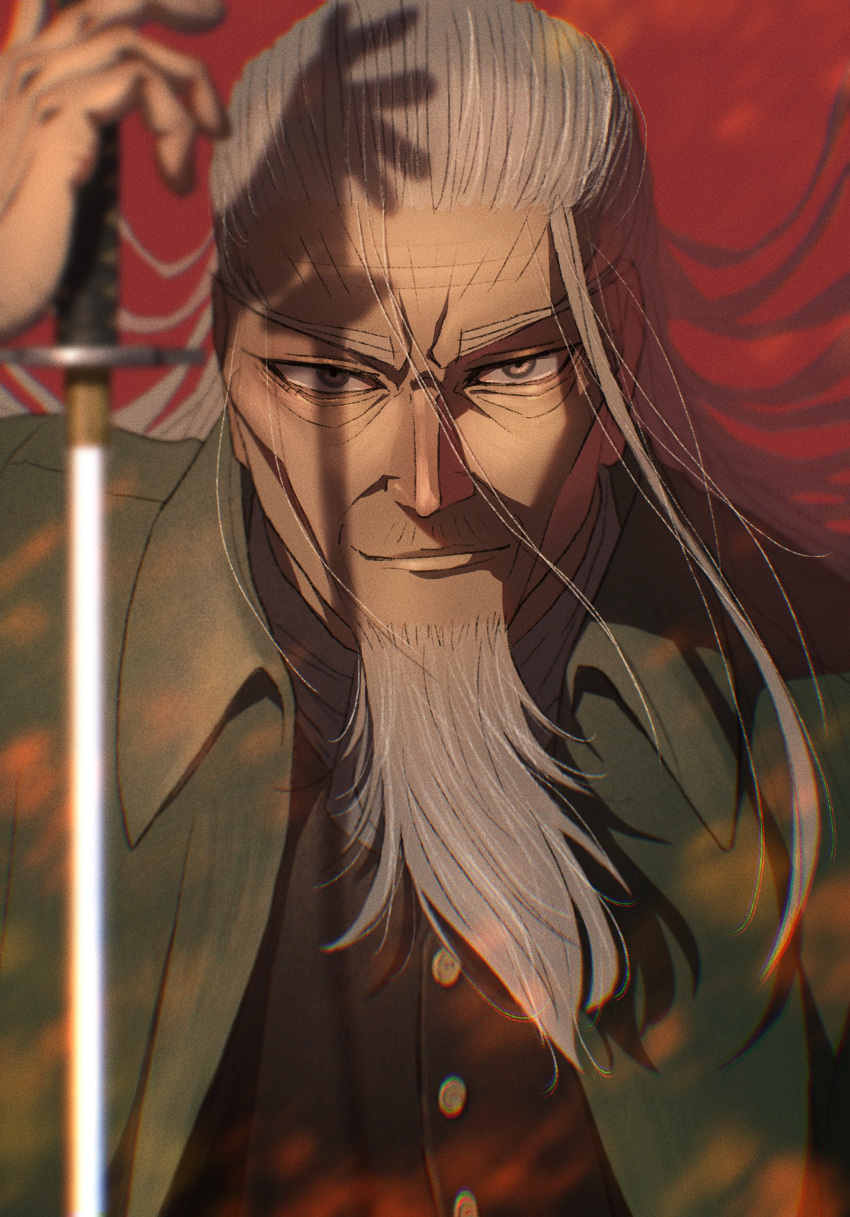 1boy absurdres beard blurry closed_mouth coat depth_of_field facial_hair golden_kamuy green_coat grey_hair highres hijikata_toshizou_(golden_kamuy) holding holding_sword holding_weapon katana light_smile long_beard long_hair looking_at_viewer male_focus mature_male portrait red_background solo sword wasabi_0363 weapon wrinkled_skin yellow_eyes