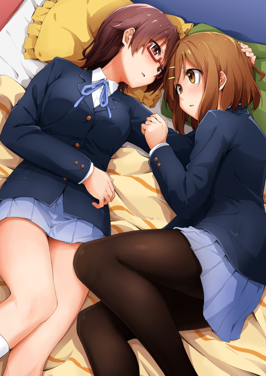 2girls bed black_pantyhose blazer blue_ribbon blush brown_eyes brown_hair brown_jacket collared_shirt commentary_request glasses grey_skirt hair_between_eyes hair_ornament hairclip hand_on_another's_head highres hirasawa_yui jacket k-on! kagiana long_sleeves looking_at_another lying manabe_nodoka multiple_girls neck_ribbon on_back on_bed on_side pantyhose parted_lips pillow pleated_skirt red-framed_eyewear ribbon sakuragaoka_high_school_uniform school_uniform semi-rimless_eyewear shirt short_hair skirt thighs under-rim_eyewear white_shirt winter_uniform yuri