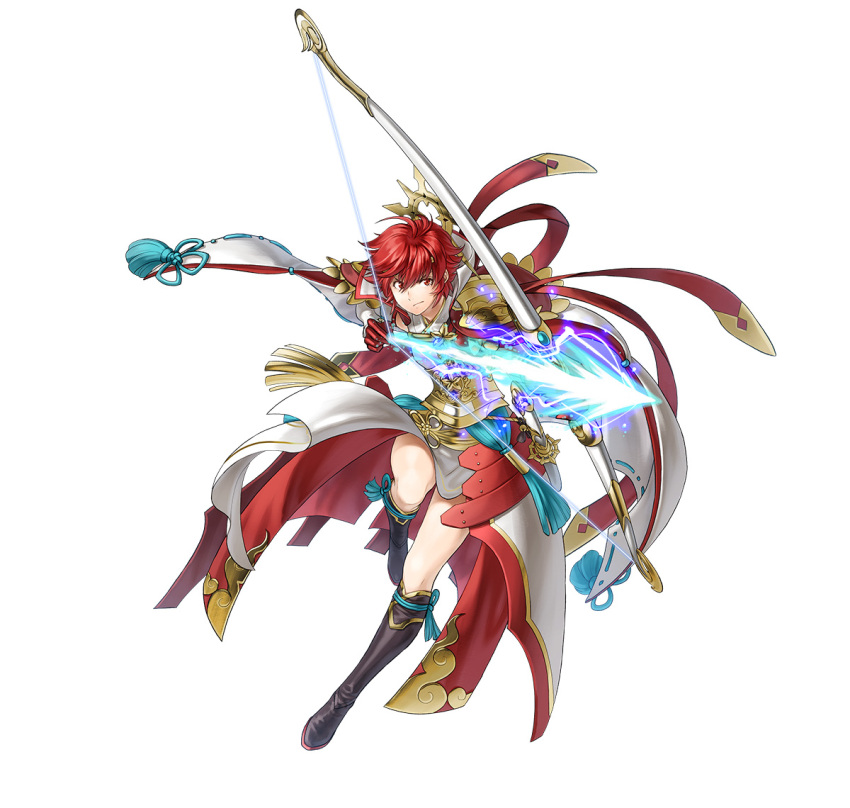 1girl aiming attack black_footwear boots bow_(weapon) bow_and_arrow_hold fire_emblem fire_emblem_fates fire_emblem_heroes frown full_body gloves halo hinoka_(fire_emblem) holding holding_bow_(weapon) holding_weapon official_alternate_costume official_art red_eyes red_gloves red_hair sheath short_hair solo v-shaped_eyebrows weapon white_background