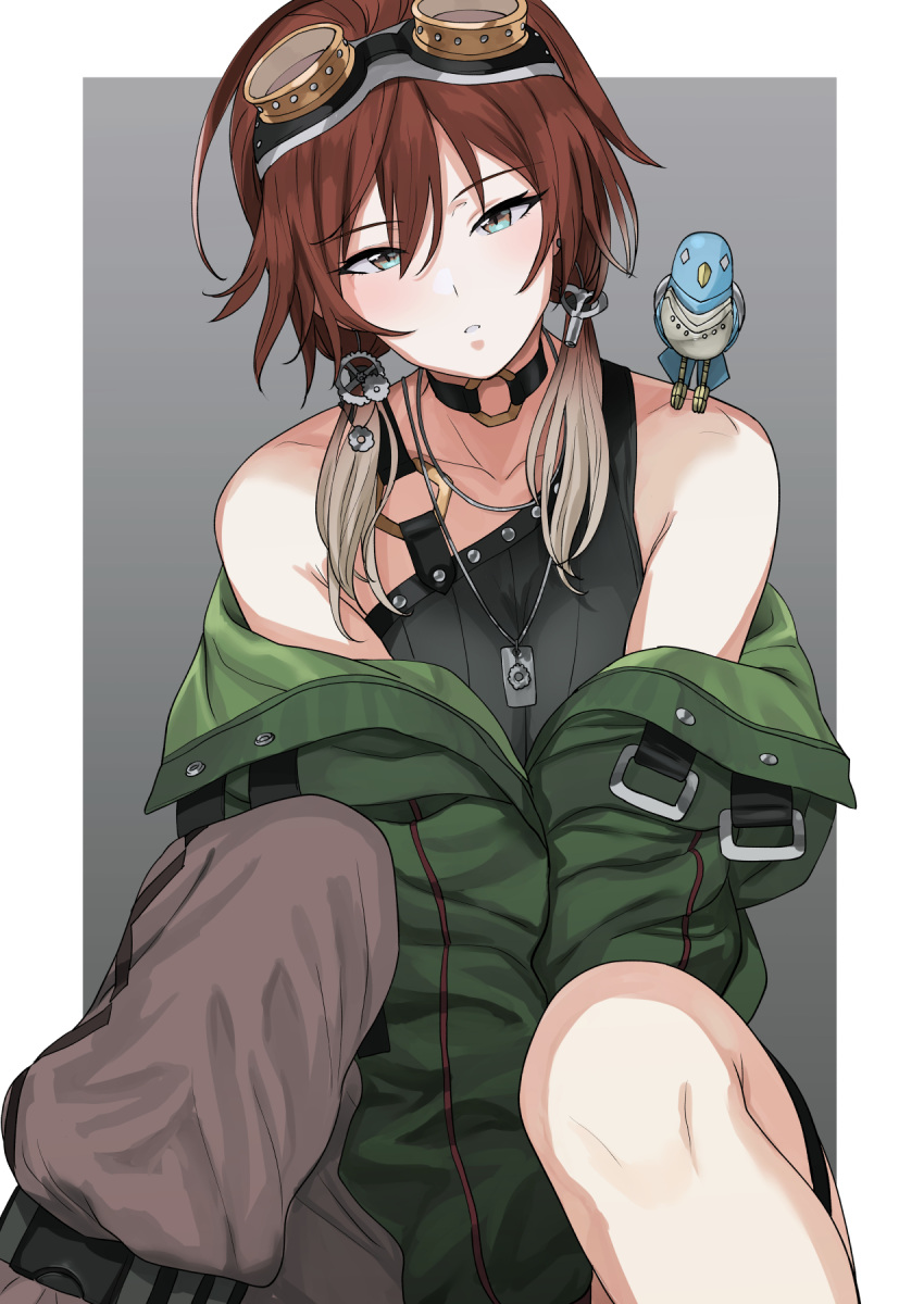 aketa_mikoto animal_on_shoulder asymmetrical_legwear bird bird_on_shoulder black_choker black_tank_top blonde_hair blue_eyes brown_eyes brown_hair choker earrings gears goggles goggles_on_head gradient_eyes gradient_hair green_jacket hair_between_eyes highres idolmaster idolmaster_shiny_colors jacket jewelry looking_at_viewer low_twintails medium_hair multicolored_eyes multicolored_hair necklace non-humanoid_robot off_shoulder pants parted_lips robot robot_animal simple_background sitting tank_top tsurui twintails two-tone_background two-tone_hair