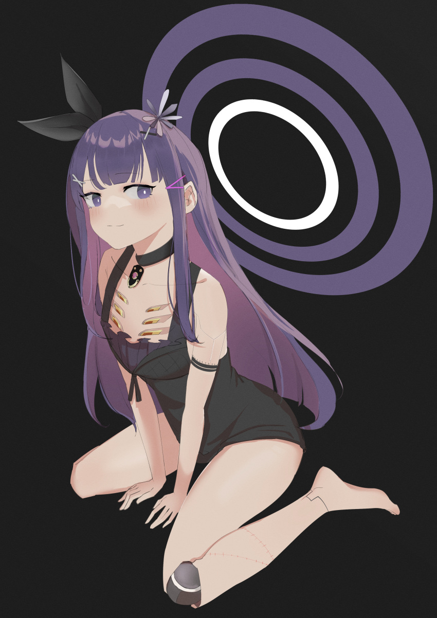 1boy absurdres bare_legs black_background black_choker black_dress choker doll_joints dress flower hair_flower hair_ornament hairclip highres joints lithos_(punishing:_gray_raven) long_hair mechanical_arms mechanical_legs otoko_no_ko punishing:_gray_raven purple_eyes purple_hair sidelocks single_mechanical_leg sitting sleeveless sleeveless_dress smug solo suspenders very_long_hair wariza x_hair_ornament