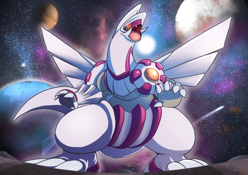 2023 3_toes 5_fingers ambiguous_gender claws feet finger_claws fingers generation_4_pokemon glowing glowing_eyes legendary_pokemon nintendo open_mouth palkia pink_body pokemon pokemon_(species) rai_kun red_eyes rocket solo space standing thick_thighs toe_claws toes white_claws