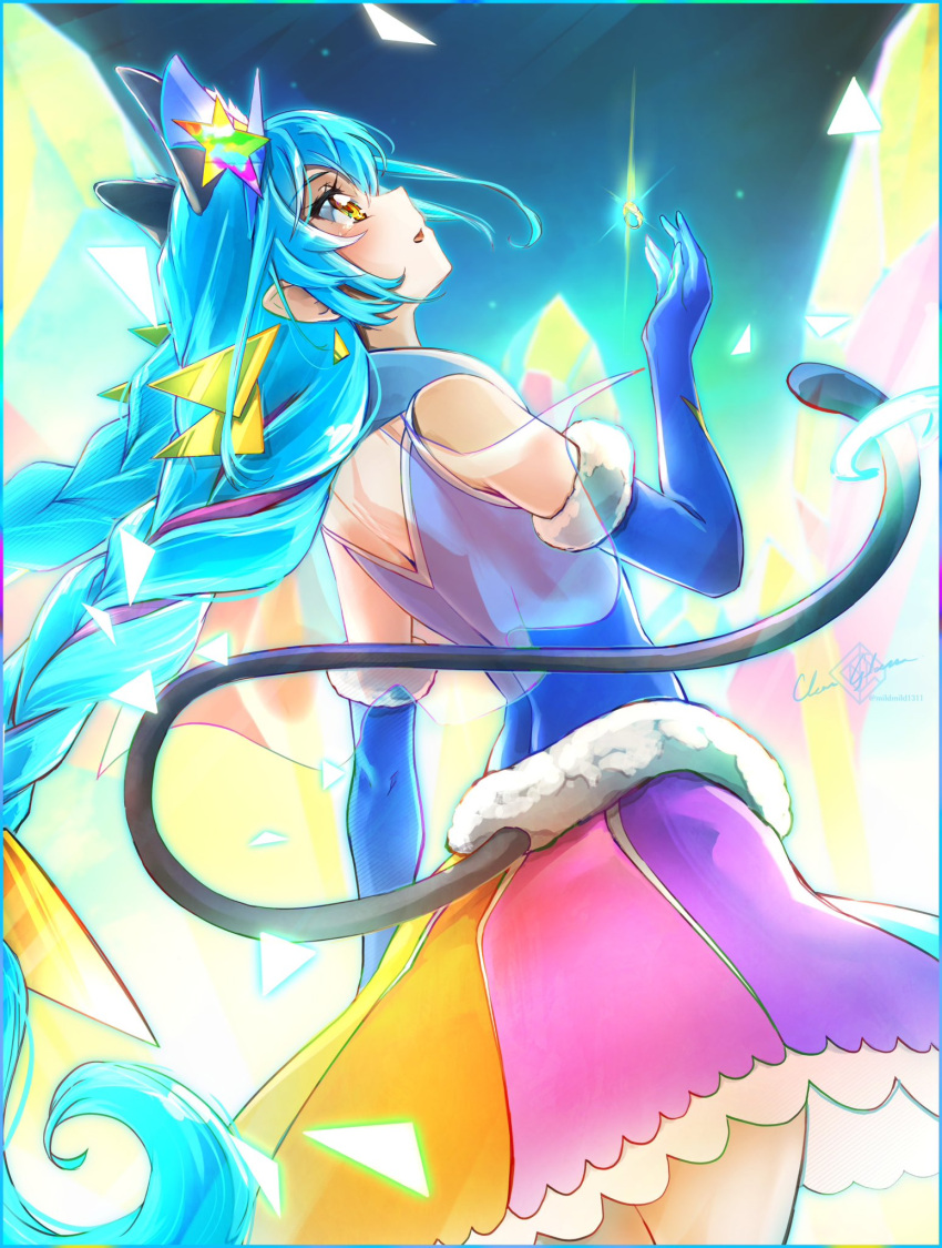 1girl animal_ears aqua_hair artist_name blue_gloves border braid cat_ears cat_tail clear_glass_(mildmild1311) commentary_request cure_cosmo earrings elbow_gloves eyelashes fur_trim gloves hair_ornament hat highres jewelry long_hair looking_up multicolored_border multicolored_hair precure purple_hair rainbow_skirt signature skirt solo standing star_twinkle_precure streaked_hair tail top_hat twin_braids twintails twitter_username two-tone_hair very_long_hair yellow_eyes yuni_(precure)