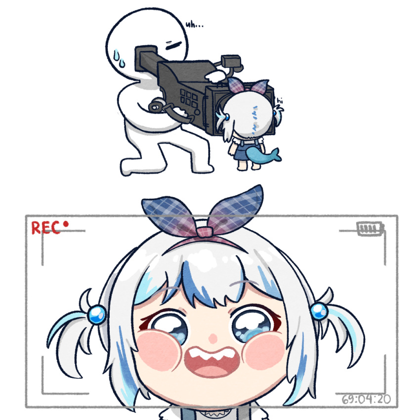 1girl 1other :d bangs blue_eyes blue_hair blue_hairband blush_stickers bow bow_hairband camera chibi english_text from_behind gawr_gura grey_hair hair_bobbles hair_ornament hairband holding holding_camera hololive hololive_english looking_at_viewer medium_hair multicolored_hair official_alternate_costume plaid plaid_bow plaid_hairband recording russelmfao sharp_teeth smile solo standing streaked_hair suspenders teeth two_side_up upper_body viewfinder virtual_youtuber white_background