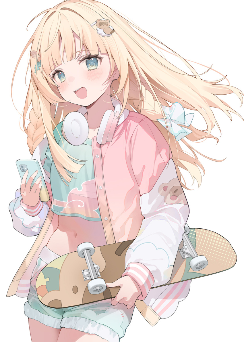 1girl animal_hair_ornament aqua_eyes blonde_hair blush braid cellphone commentary_request cowboy_shot crop_top hair_ornament hairclip hana_mori headphones headphones_around_neck highres holding holding_phone holding_skateboard hololive jacket kazama_iroha kazama_iroha_(3rd_costume) leaf_hair_ornament letterman_jacket long_hair long_sleeves looking_at_viewer midriff navel open_clothes open_jacket open_mouth phone pokobee puffy_long_sleeves puffy_sleeves simple_background skateboard solo tanuki teeth twin_braids upper_teeth_only virtual_youtuber white_background white_trim