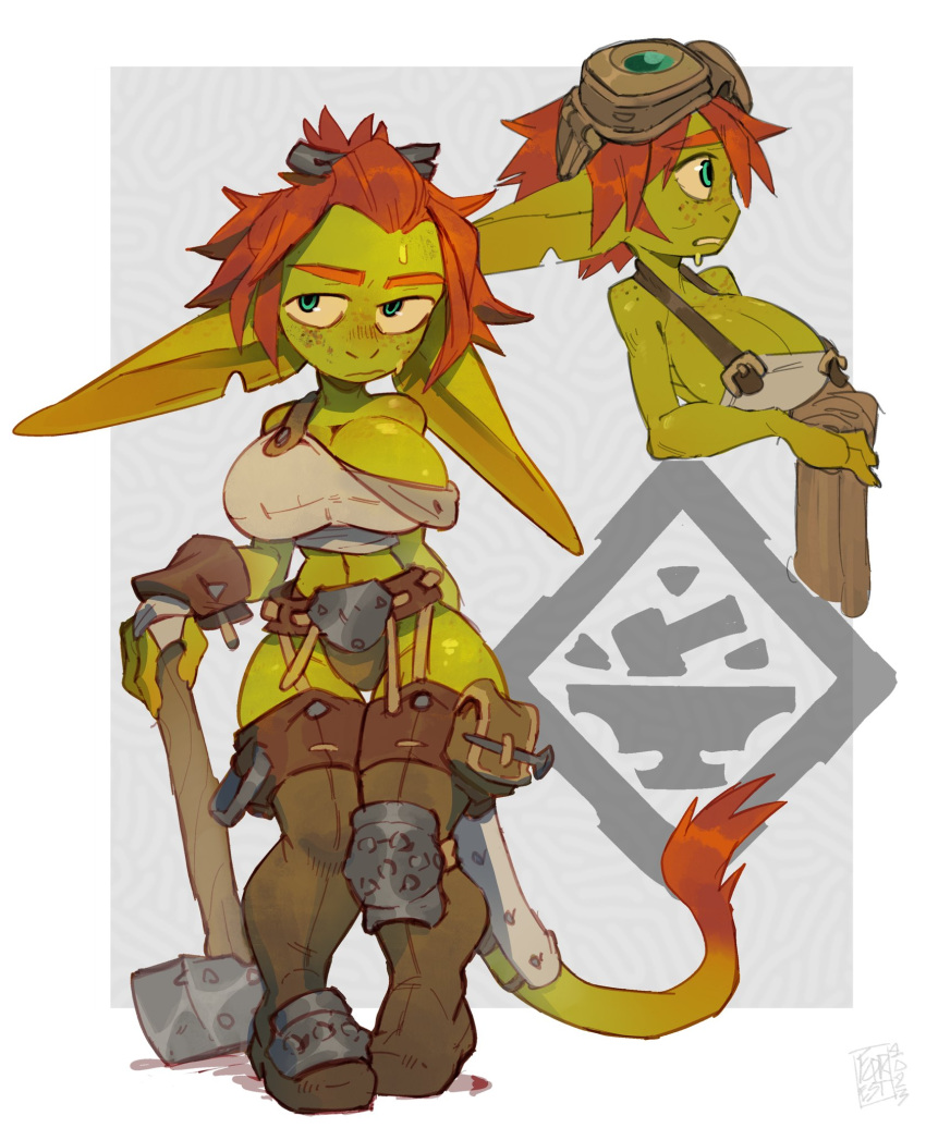 anvil blacksmith body_freckles boots breasts cleavage colored_skin female_goblin fingerless_gloves forest_box freckles gloves goblin goggles goggles_on_head green_skin hammer highres holding holding_hammer large_ears long_pointy_ears mallet midriff original pointy_ears red_hair short_hair shortstack sweat tail thigh_boots