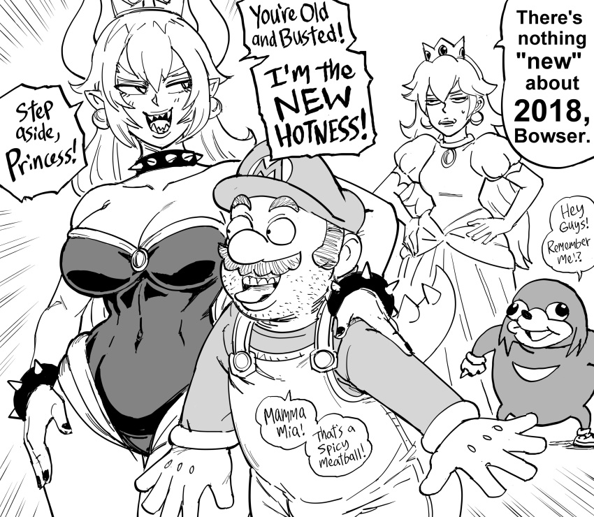 2boys 2girls absurdres bb_(baalbuddy) bowsette bracelet breasts cleavage collar collarbone commentary crown dress earrings english_commentary english_text facial_hair gloves hat height_difference highres horns jewelry knuckles_the_echidna large_breasts leotard long_hair looking_at_another mario mario_(series) meme multiple_boys multiple_girls mustache overalls princess_peach puffy_short_sleeves puffy_sleeves sharp_teeth short_sleeves smile sonic_(series) speech_bubble spiked_bracelet spiked_collar spikes standing stubble super_crown sweatdrop teeth tongue tongue_out ugandan_knuckles