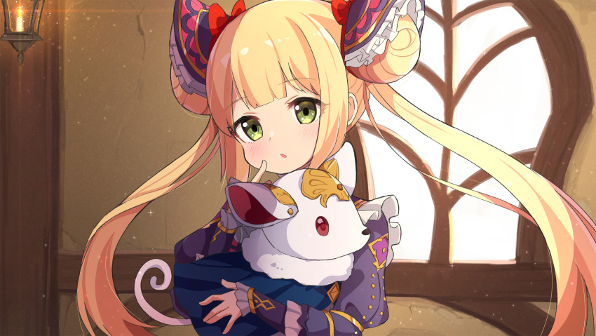 1girl ame. bangs blonde_hair blush candle commentary_request double_bun dress finger_to_mouth fire green_eyes hair_bun highres indoors juliet_sleeves long_hair long_sleeves looking_at_viewer luna_(shadowverse) parted_lips puffy_sleeves purple_dress shadowverse sleeves_past_wrists solo stuffed_animal stuffed_dog stuffed_toy twintails very_long_hair wall_lamp window