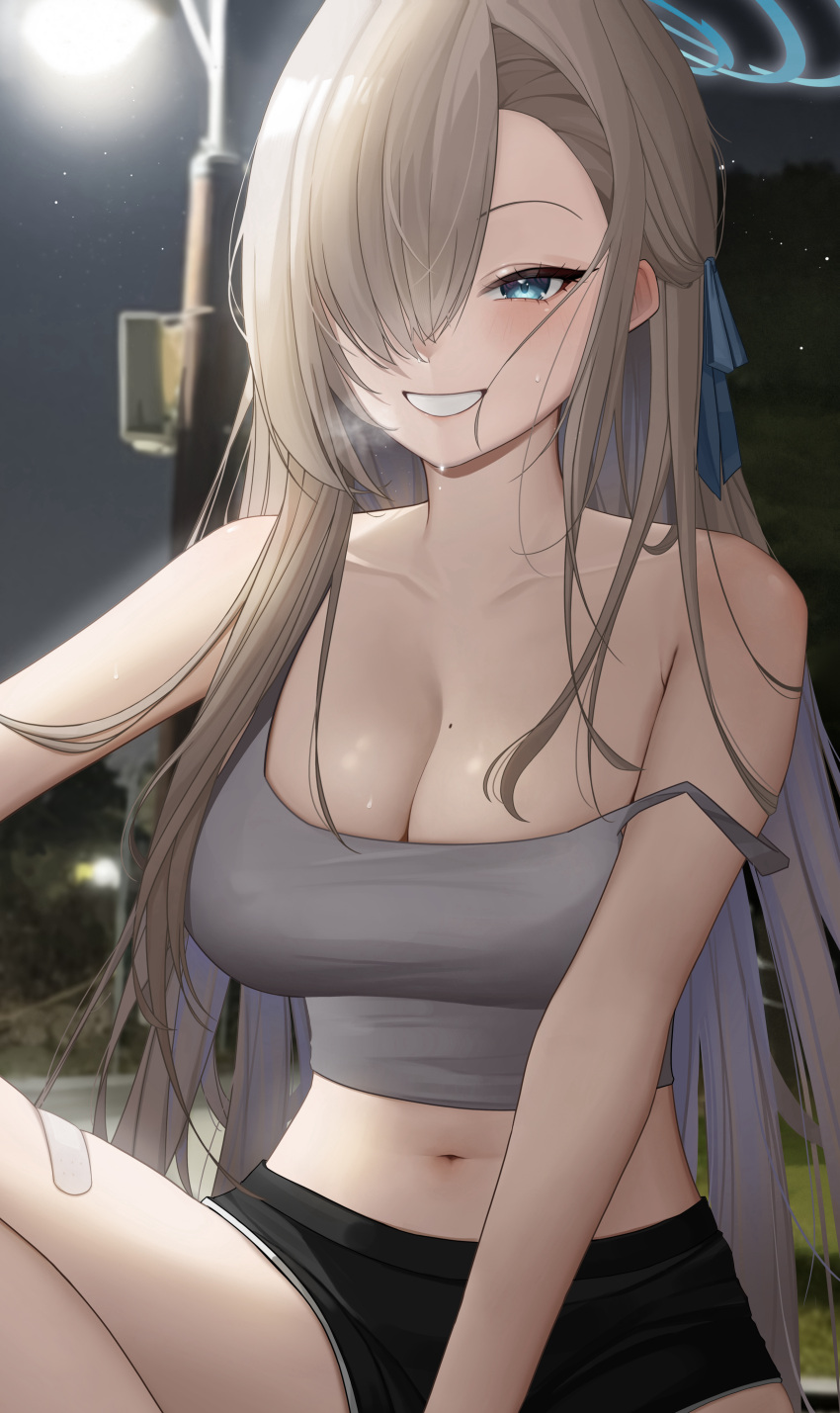 1girl absurdres asuna_(blue_archive) black_shorts blue_archive blue_eyes blue_halo blue_ribbon breasts cleavage collarbone grin hair_over_one_eye hair_ribbon halo highres jupo large_breasts light_brown_hair long_hair looking_at_viewer mole mole_on_breast navel night outdoors ribbon shorts smile solo