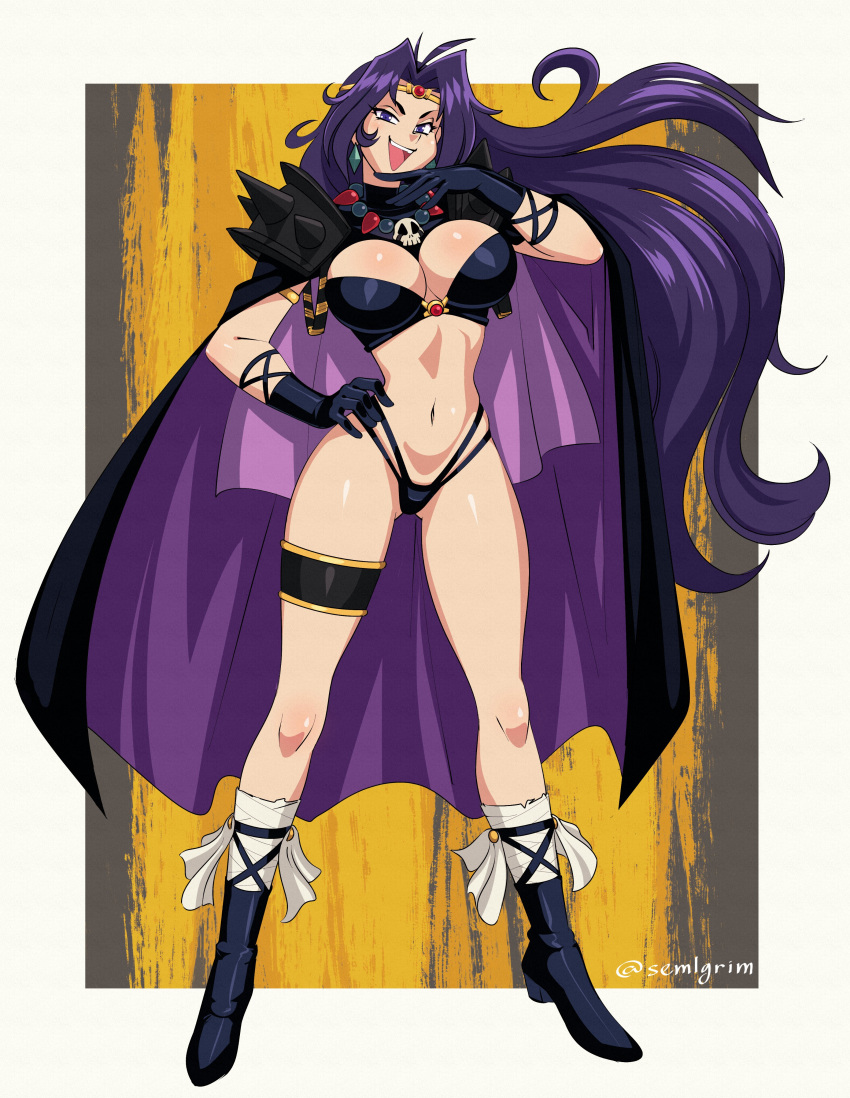 1girl absurdres armor bikini boots breasts cape circlet gloves highres huge_breasts large_breasts long_hair naga_the_serpent purple_eyes purple_hair semu_elo shoulder_armor signature skull slayers solo swimsuit thick_thighs thighs thong toned