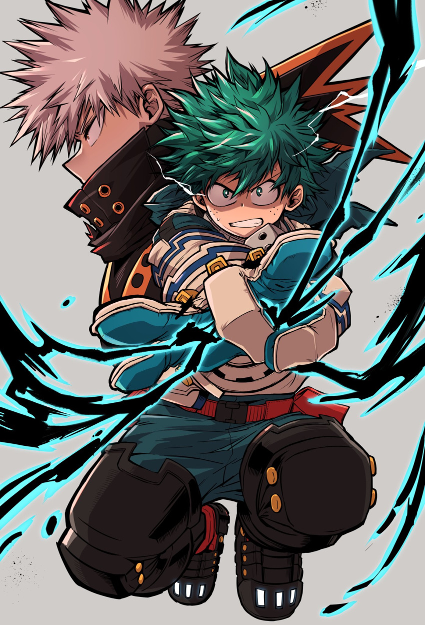 2boys alternate_eye_color alternate_hair_color aqua_bodysuit bakugou_katsuki belt belt_pouch black_whip_(boku_no_hero_academia) blue_gloves boku_no_hero_academia bright_pupils chiyaya clenched_teeth cropped_torso electricity energy flick floating_clothes floating_hair foreshortening freckles full_body gloves green_eyes green_hair grey_background hair_between_eyes hands_up headgear high_collar highres knees_up legs_up light_brown_hair looking_at_viewer male_focus midair midoriya_izuku multiple_boys orange_eyes outstretched_arms pac-man_eyes pouch profile projected_inset red_belt serious shaded_face short_hair simple_background snap-fit_buckle spiked_hair sweat teeth v-shaped_eyebrows white_gloves white_pupils