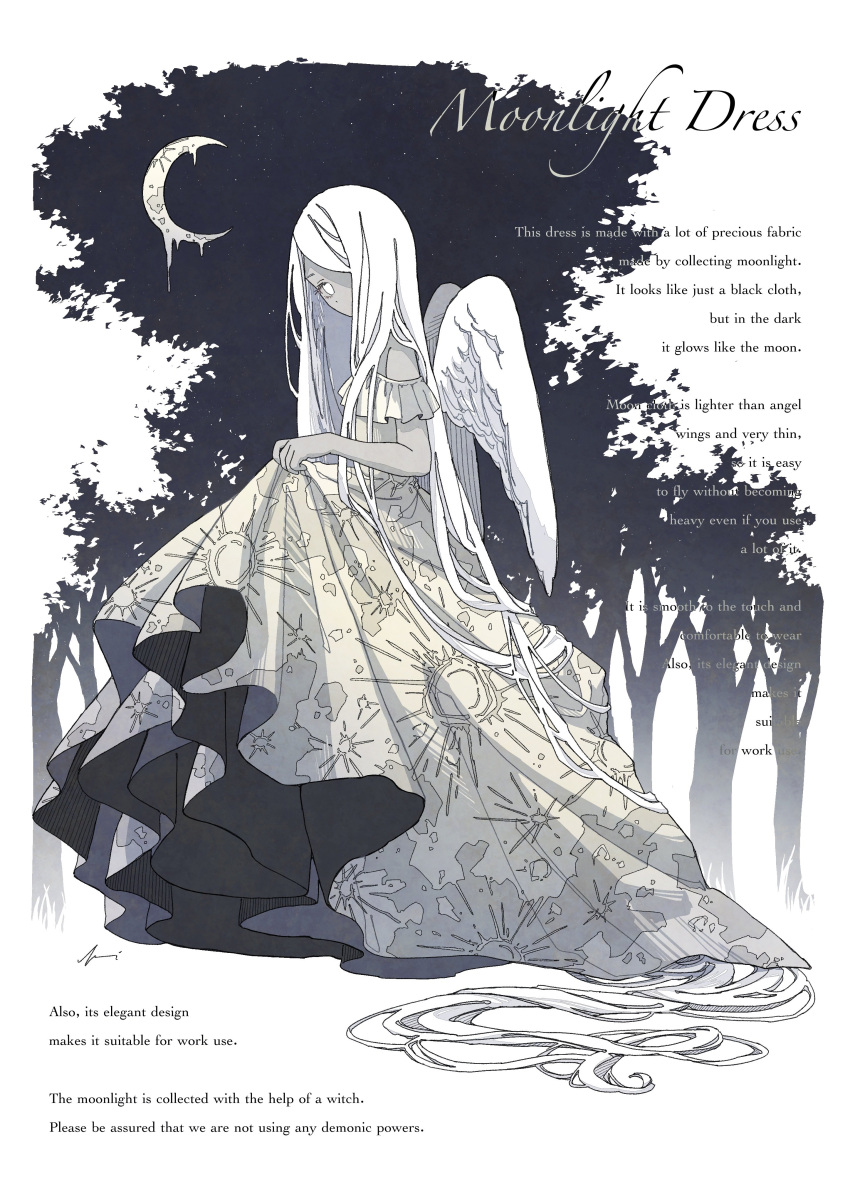 1girl absurdly_long_hair absurdres angel_wings crescent_moon dress english_text feathered_wings full_body greyscale highres long_hair looking_at_viewer monochrome moon night night_sky original print_dress skirt_hold sky solo star_(sky) starry_sky tree very_long_hair wings yuge_kemuri