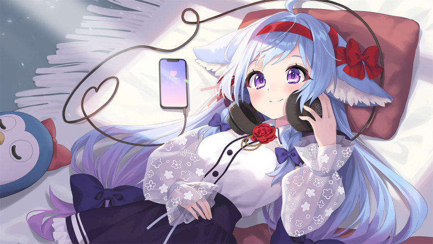 1girl ahoge animal_ear_fluff animal_ears black_skirt blue_bow blue_hair blush bow breasts cellphone charger chobi_(penguin_paradise) closed_mouth collared_shirt copyright_request dress_shirt flower frilled_skirt frills fringe_trim gradient_hair hair_bow hairband hand_on_headphones hand_up headphones headphones_around_neck highres long_hair looking_at_viewer multicolored_hair phone pillow purple_eyes purple_hair red_bow red_flower red_hairband red_rose rose rug see-through see-through_sleeves shirt skirt sleeves_past_wrists small_breasts smile solo very_long_hair virtual_youtuber white_shirt