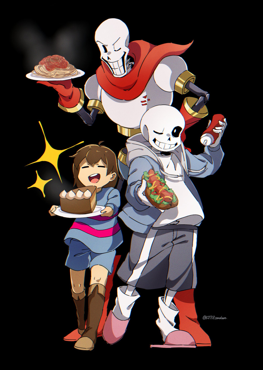 1other 2boys ;d =_= absurdres androgynous black_background blue_jacket blue_shorts blue_sweater boots bottle brown_footwear brown_hair cake cake_slice cape child commentary drawstring food frisk_(undertale) full_body gloves grey_shorts grin hand_on_own_hip height_difference highres holding holding_bottle holding_food holding_plate hood hood_down hooded_jacket hot_dog jacket ketchup_bottle knee_boots leg_warmers long_sleeves looking_at_viewer male_focus multiple_boys one_eye_closed open_mouth papyrus_(undertale) pasta pink_footwear plate red_cape red_footwear red_gloves sans shirt short_hair shorts signature simple_background skeleton slippers smile sonokare spaghetti standing steam sweater twitter_username undertale white_shirt