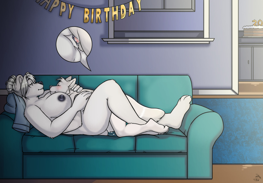 age_difference anthro arctic_fox bear birthday_cake bodily_fluids cake canid canine cum cum_inside dessert duo female food fox furniture genital_fluids head_between_breasts hi_res hilde_(m.c) lunar-haven-studios male male/female mammal morning_after polar_bear size_difference sofa ursine vaginal