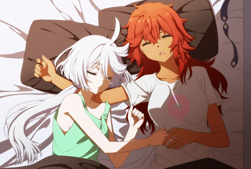 2girls ahoge arm_around_neck bare_shoulders bed bed_sheet collarbone from_above green_shirt gundam gundam_suisei_no_majo hair_between_eyes hand_on_another's_stomach highres holding_hands long_hair low-tied_long_hair lying miorine_rembran multiple_girls oiun on_back on_bed open_mouth pillow raised_eyebrows red_hair shirt sidelocks sleeping sleeveless sleeveless_shirt suletta_mercury t-shirt underwear white_hair white_shirt yuri