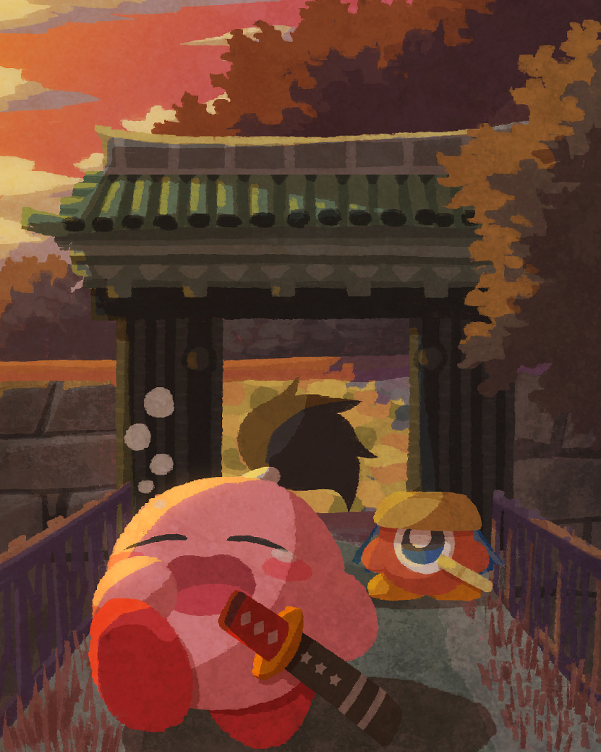 black_hair blush_stickers bridge brown_headwear evening hat high_ponytail highres jingasa katana kirby kirby_(series) miclot no_humans open_mouth outdoors pink_footwear samurai scenery sheath sheathed shoes stone_wall sword tree waddle_doo wall weapon