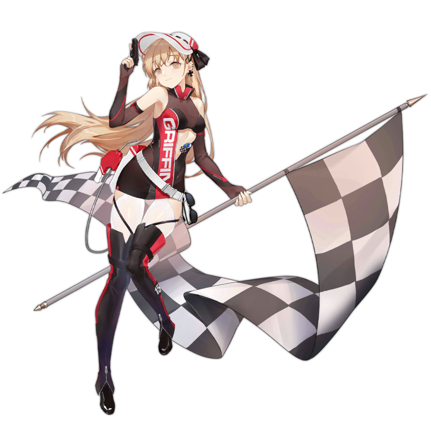 1girl black_footwear black_thighhighs blonde_hair blush boots breasts center_opening checkered_flag clothes_writing cross cross_earrings dress earrings elbow_gloves fingerless_gloves flag full_body girls'_frontline gloves gun hair_between_eyes hair_ornament handgun highres holding holding_flag holding_gun holding_weapon holster jewelry light_brown_hair long_hair looking_at_viewer multiple_piercings official_alternate_costume official_art ppk_(girls'_frontline) ppk_(mach_tempest)_(girls'_frontline) race_queen revision see-through short_dress sidelocks sleeveless sleeveless_dress smile smile_(mm-l) snap-fit_buckle solo thighhighs transparent_background trigger_discipline visor_cap walther walther_ppk weapon white_headwear