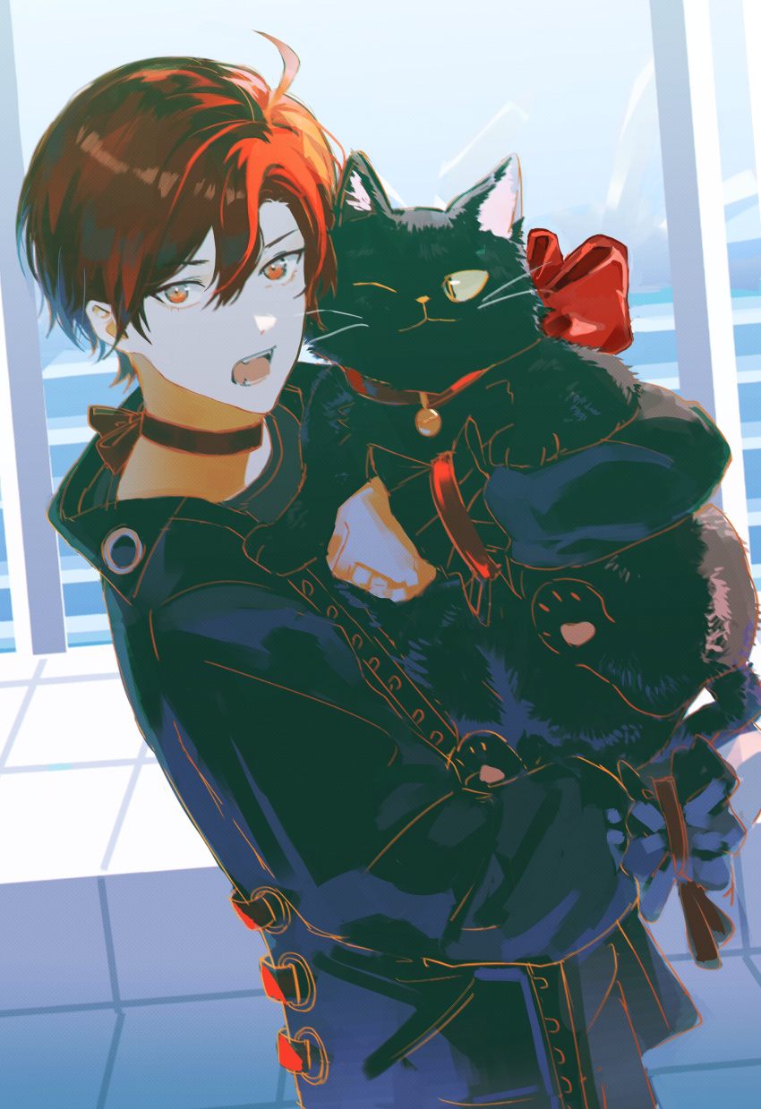 1boy absurdres animal animal_hands backlighting black_cat black_coat black_hair cat cat_paws coat collar cowlick fangs frilled_sleeves frills hair_between_eyes highres holding holding_animal holding_cat holostars holostars_english lau_135 long_sleeves looking_at_another looking_at_viewer machina_x_flayon male_focus neck_ribbon one_eye_closed open_mouth red_collar red_eyes red_hair red_ribbon ribbon short_hair standing upper_body virtual_youtuber