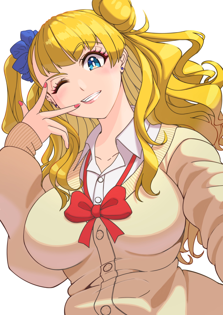 1girl asymmetrical_hair blonde_hair blue_eyes blue_scrunchie bow bowtie breasts cardigan clenched_teeth earrings galko grin gyaru hair_bun hair_ornament hair_scrunchie highres jewelry kogal large_breasts long_hair long_sleeves looking_at_viewer makkyi@hage nail one_eye_closed one_side_up oshiete!_galko-chan red_bow red_bowtie red_nails scrunchie shirt simple_background single_side_bun smile solo stud_earrings teeth upper_body w_over_face white_background white_shirt yellow_cardigan