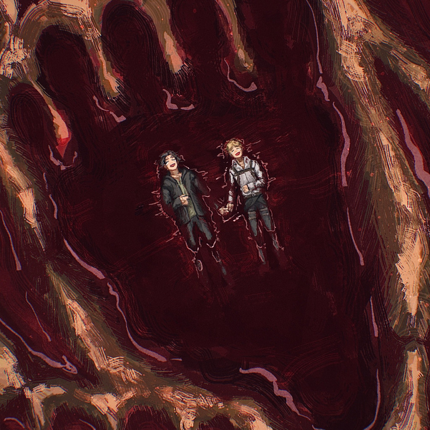 2boys afloat armin_arlert black_hair blonde_hair blood blood_on_clothes bloody_footprints desu_bba eren_yeager footprints from_above full_body highres holding_hands laughing lying male_focus multiple_boys naruto_(series) naruto_shippuuden on_back perspective pool_of_blood scene_reference shingeki_no_kyojin shirt smile spoilers symbolism tears