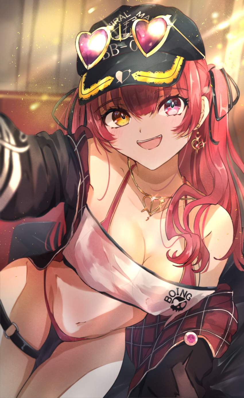 1girl absurdres arrow_through_heart baseball_cap bikini bikini_under_clothes black_headwear black_jacket breasts cleavage earrings eyewear_on_head gold_earrings gold_necklace hat heart heart-shaped_eyewear heart_earrings heart_necklace heterochromia highres hololive houshou_marine houshou_marine_(summer) jacket jewelry large_breasts long_sleeves looking_at_viewer navel necklace o-ring o-ring_thigh_strap official_alternate_costume open_mouth red_bikini red_eyes red_hair red_jacket sasai_tuki smile sunglasses swimsuit thigh_strap twintails two-sided_fabric two-sided_jacket virtual_youtuber yellow_eyes