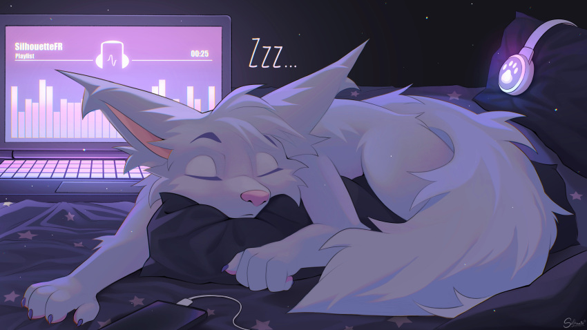 4_toes absurd_res anthro bedroom canid canine cute_eyes eyes_closed feet fox hi_res invalid_tag long_ears male mammal nap notebook paws pink_nose rgb_lighting silhouettefr sleeping solo toes white_body