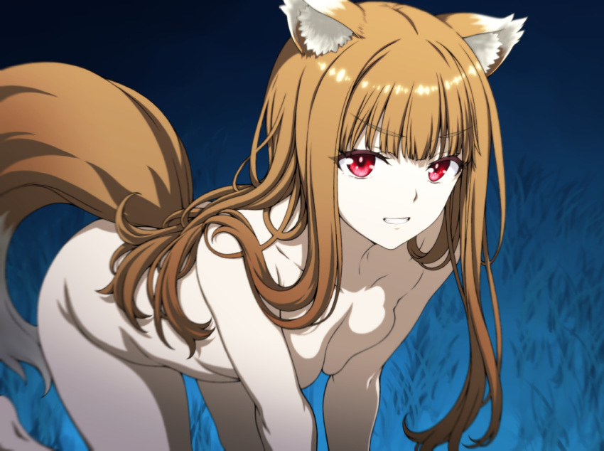 1girl all_fours animal_ears breast_press brown_hair clenched_teeth collarbone completely_nude feet_out_of_frame grass holo isse long_hair looking_at_viewer night nude on_grass outdoors red_eyes solo spice_and_wolf tail teeth wolf_ears wolf_girl wolf_tail