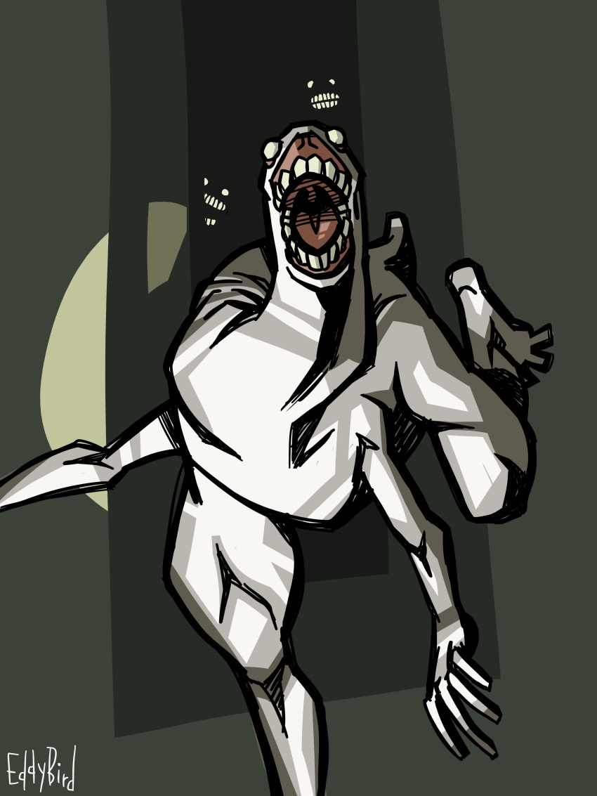 2020 5_fingers absurd_res alternate_version_at_source artist_name avian chimera colored digital_drawing_(artwork) digital_media_(artwork) eddybird empty_eyes feral fingers front_view group hi_res looking_at_viewer mammal open_mouth pale_body pale_skin primate running running_towards_viewer scp-3199 scp_foundation signature teeth text tongue trio uvula white_text