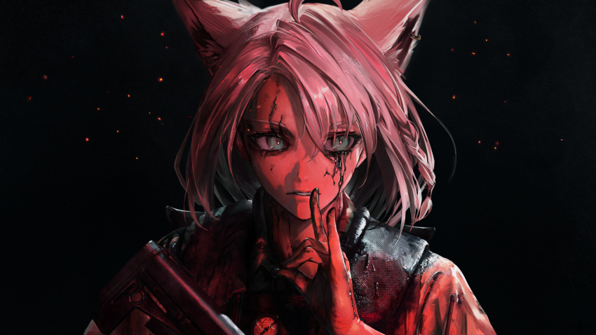 1girl absurdres ahoge alternate_costume animal_ear_fluff animal_ears black_background cliff_unger death_stranding dirty dirty_face fox_ears fox_girl green_eyes highres hololive hyde_(tabakko) leaking shirakami_fubuki simple_background solo surgical_scar virtual_youtuber white_hair