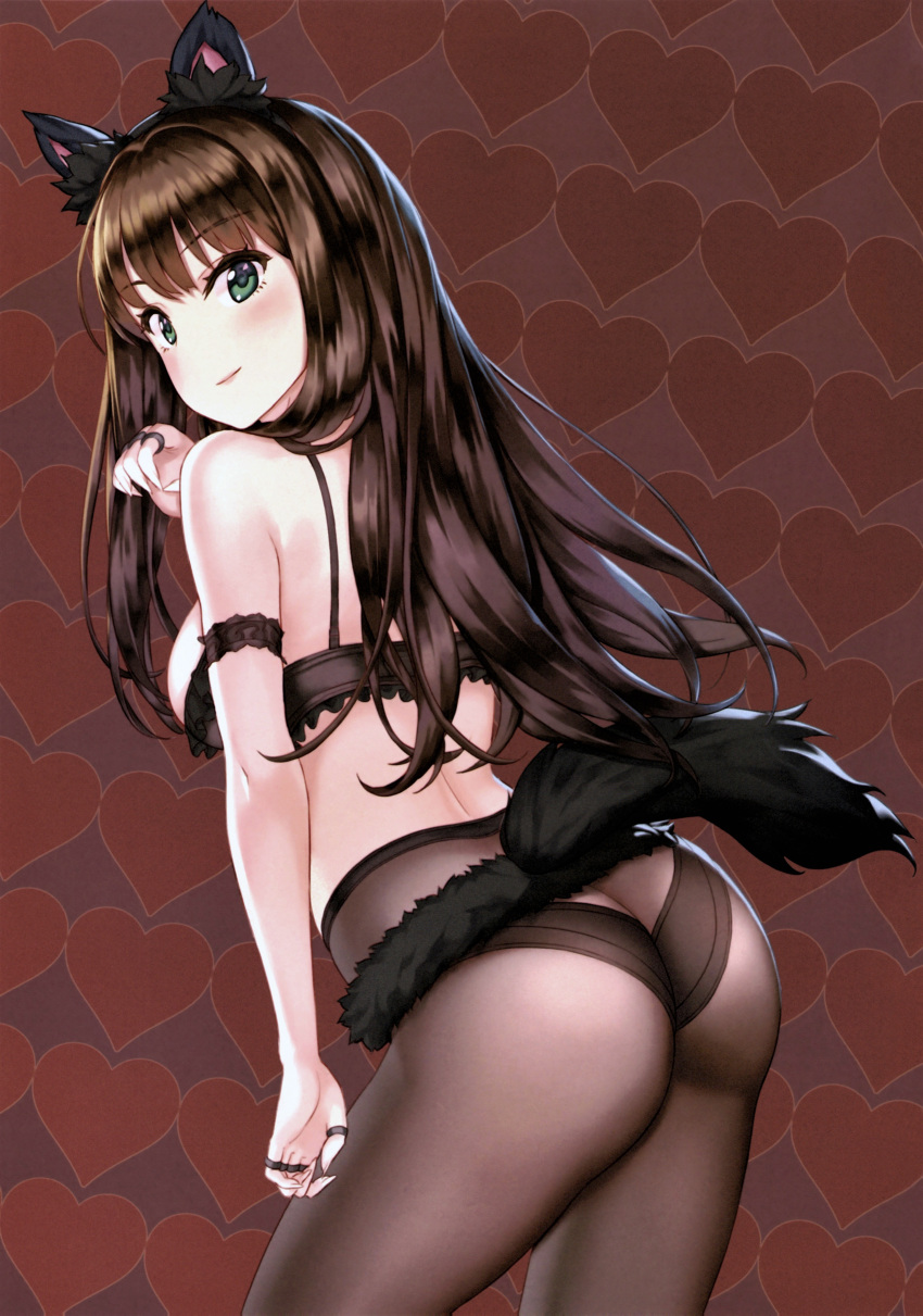 1girl absurdres animal_ears arm_garter ass back bare_shoulders black_bra black_panties blush border bra bra_pull breasts brown_hair claw_pose closed_mouth clothes_pull green_eyes grey_background hamahama heart heart_background highres hip_focus idolmaster idolmaster_cinderella_girls jewelry long_hair looking_at_viewer looking_back medium_breasts panties panties_under_pantyhose pantyhose ring scan shibuya_rin smile solo tail thighs thumb_ring underwear white_border wolf_ears wolf_tail