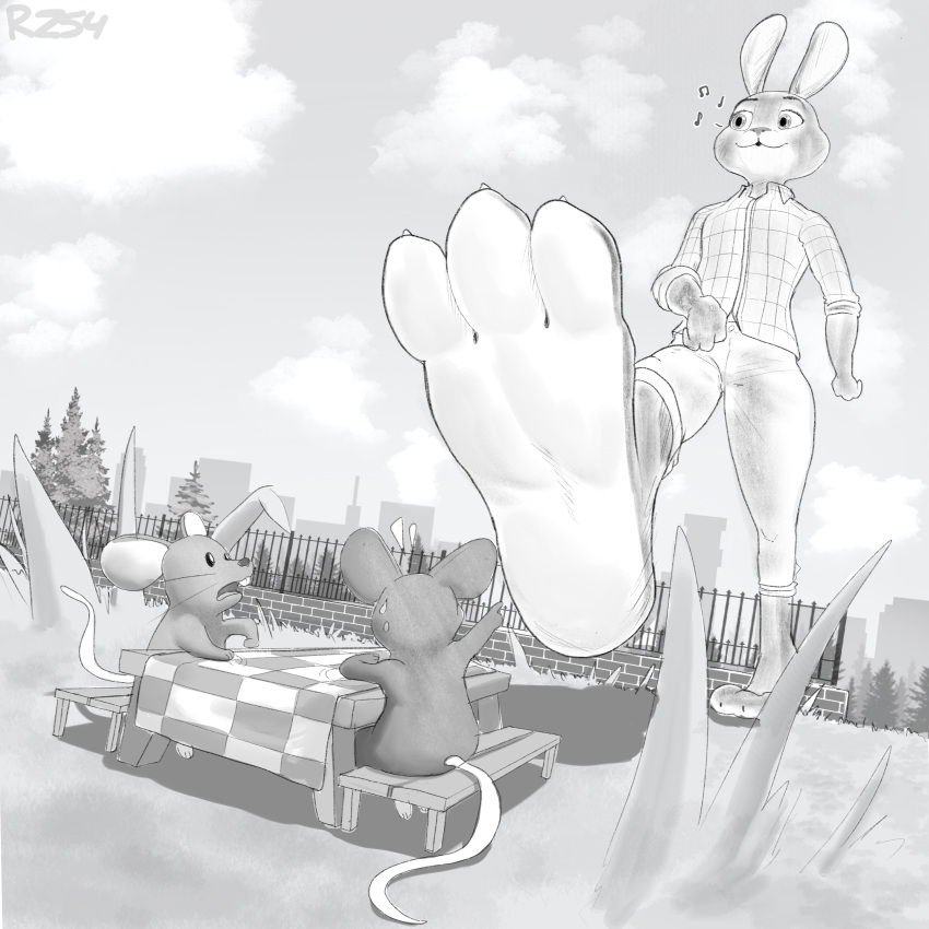 1:1 3_toes absurd_res anthro bench bodily_fluids bottomwear clothed clothing cloud disney feet female fence glistening glistening_eyes grass hi_res judy_hopps lagomorph leporid long_ears mammal monochrome mouse murid murine outside pants plant rabbit rodent rz54 signature sitting size_difference sky solo sweat toes topwear zootopia